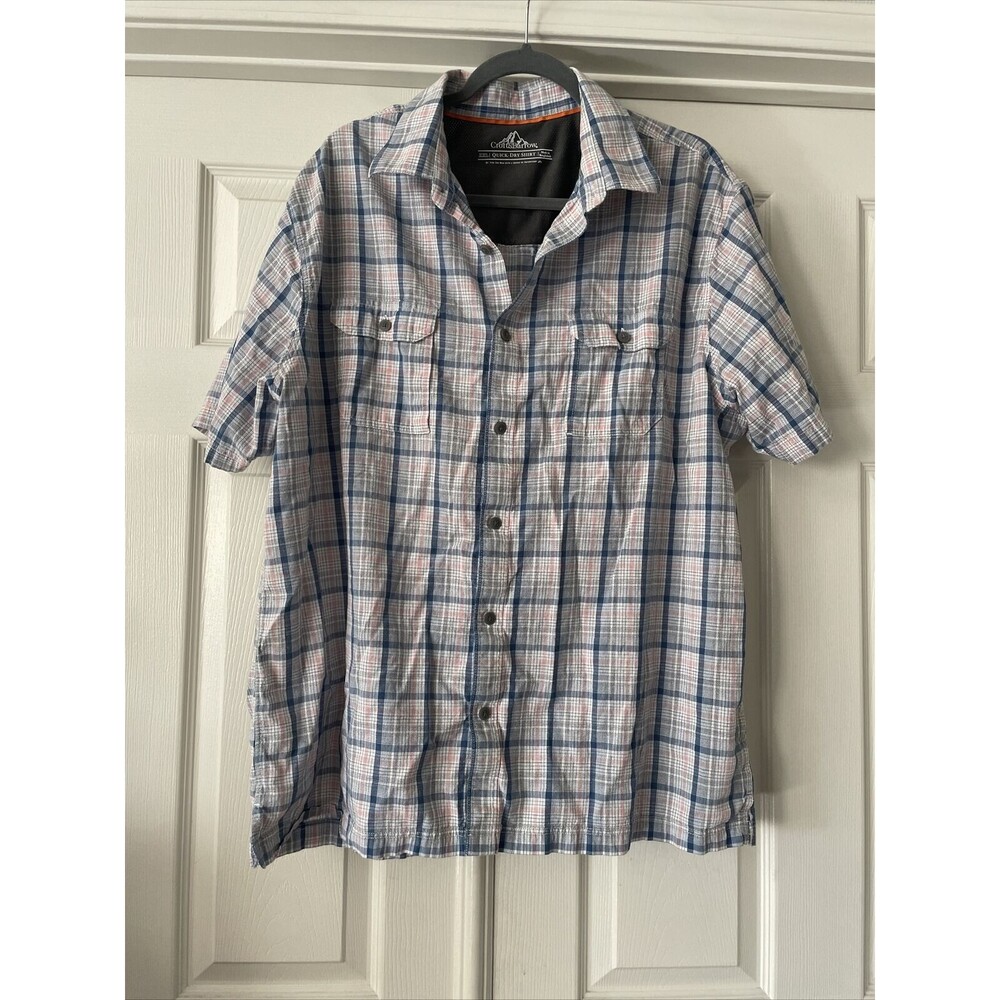 Croft & Barrow Mens Button Up Shirt XXL Plaid Vented Pockets Outdoor Active Fish